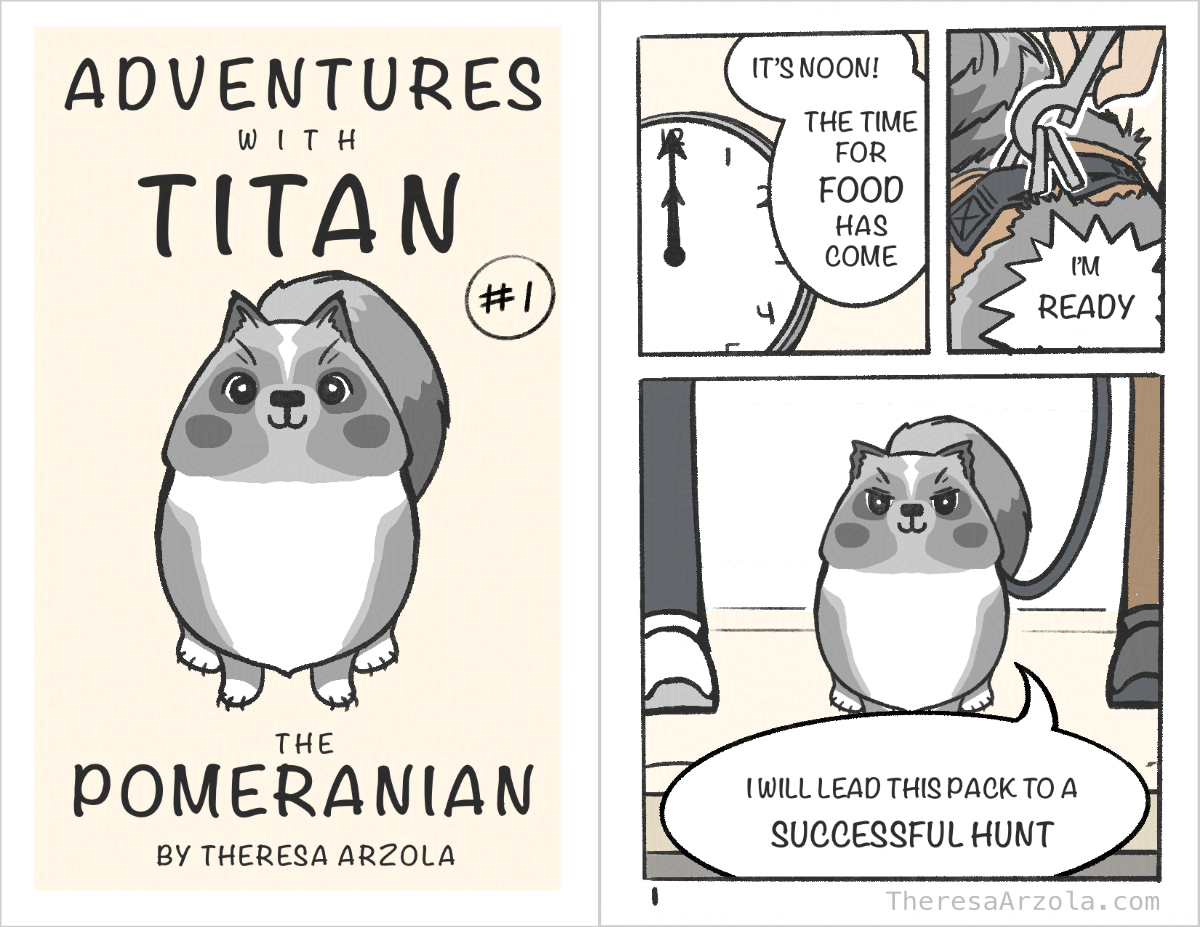 Page 1 - Titan on a yellow background. Page 2 - IT's noon! The time for food has come. I'm ready. I'll lead the pack on a successful hunt.