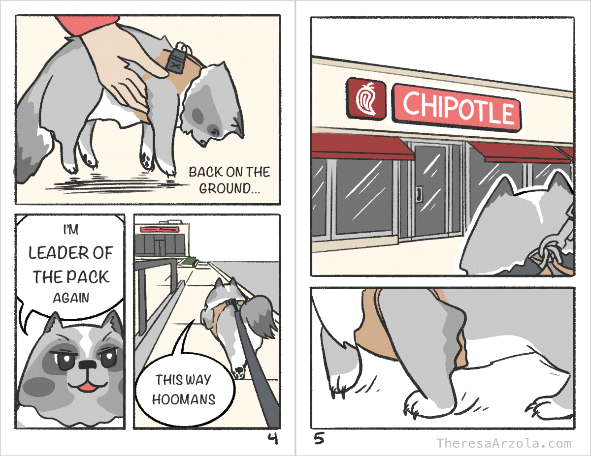 Page 5 - Titan is placed on the ground and is back to his "lead the pack" mode. Page 6 - They arrive at Chipotle.