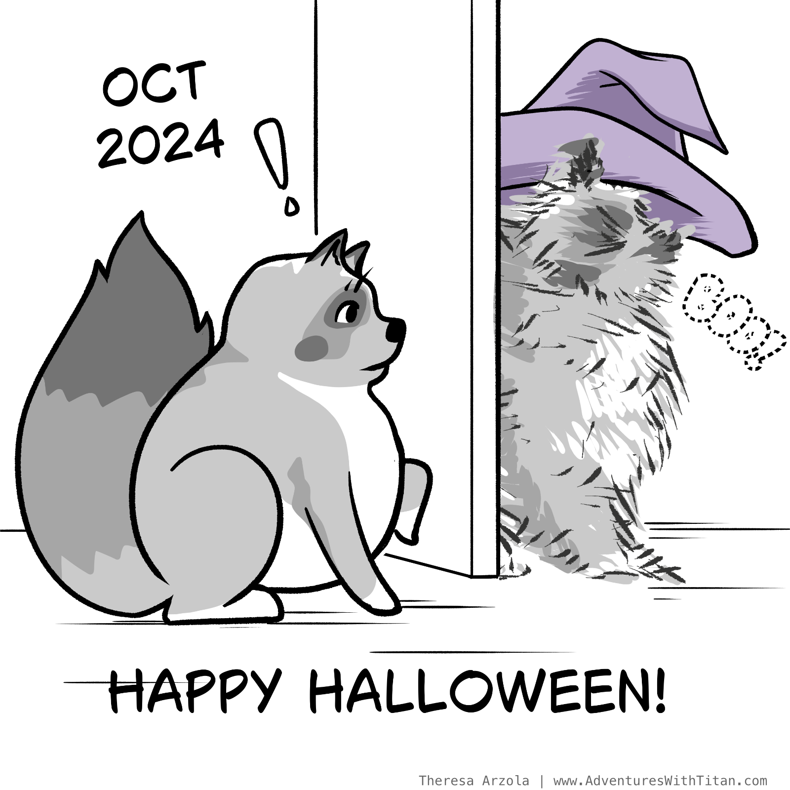 Titan getting spooked by his fur monster wearing a purple witch hat behind a door. Text reads Oct 2024 - Happy Halloween!