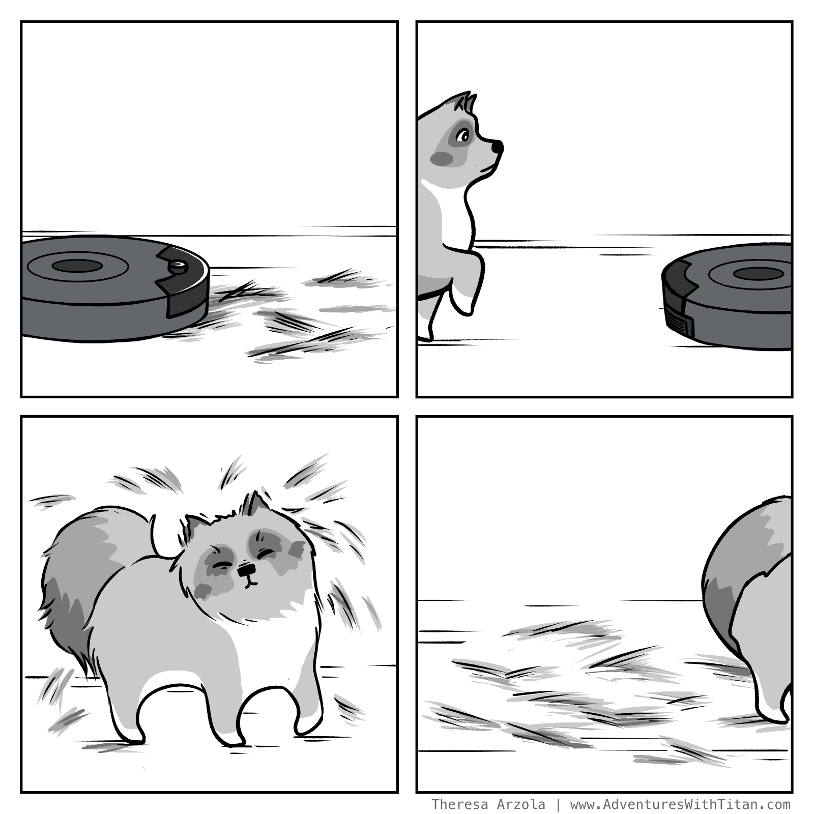 4-panel comic - Titan follows the Roomba's path, shakes, then walks away leaving a pile of fur on the ground that was just vacuumed.