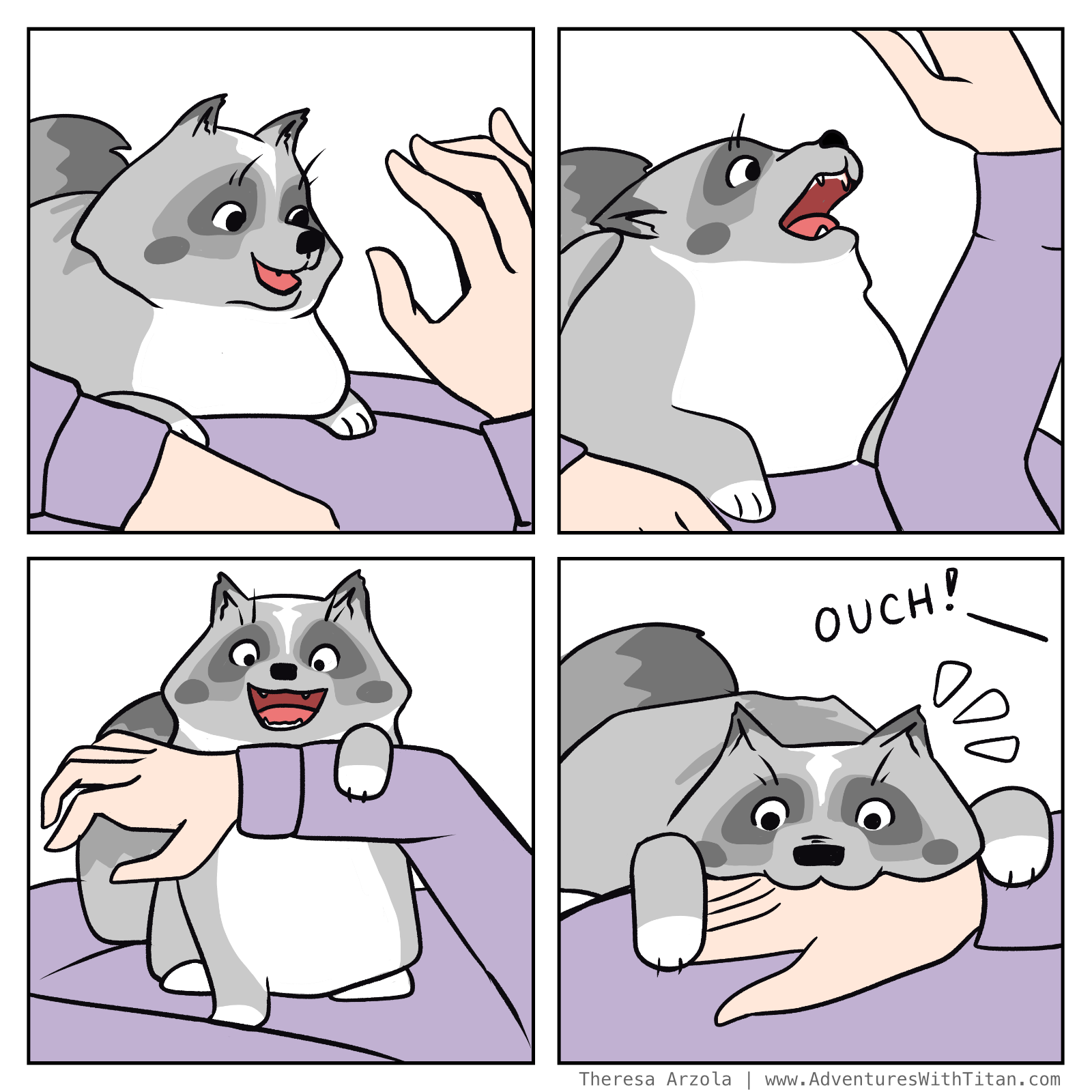 4 panel comic of Titan playing with the human's hands until he successfully bites one