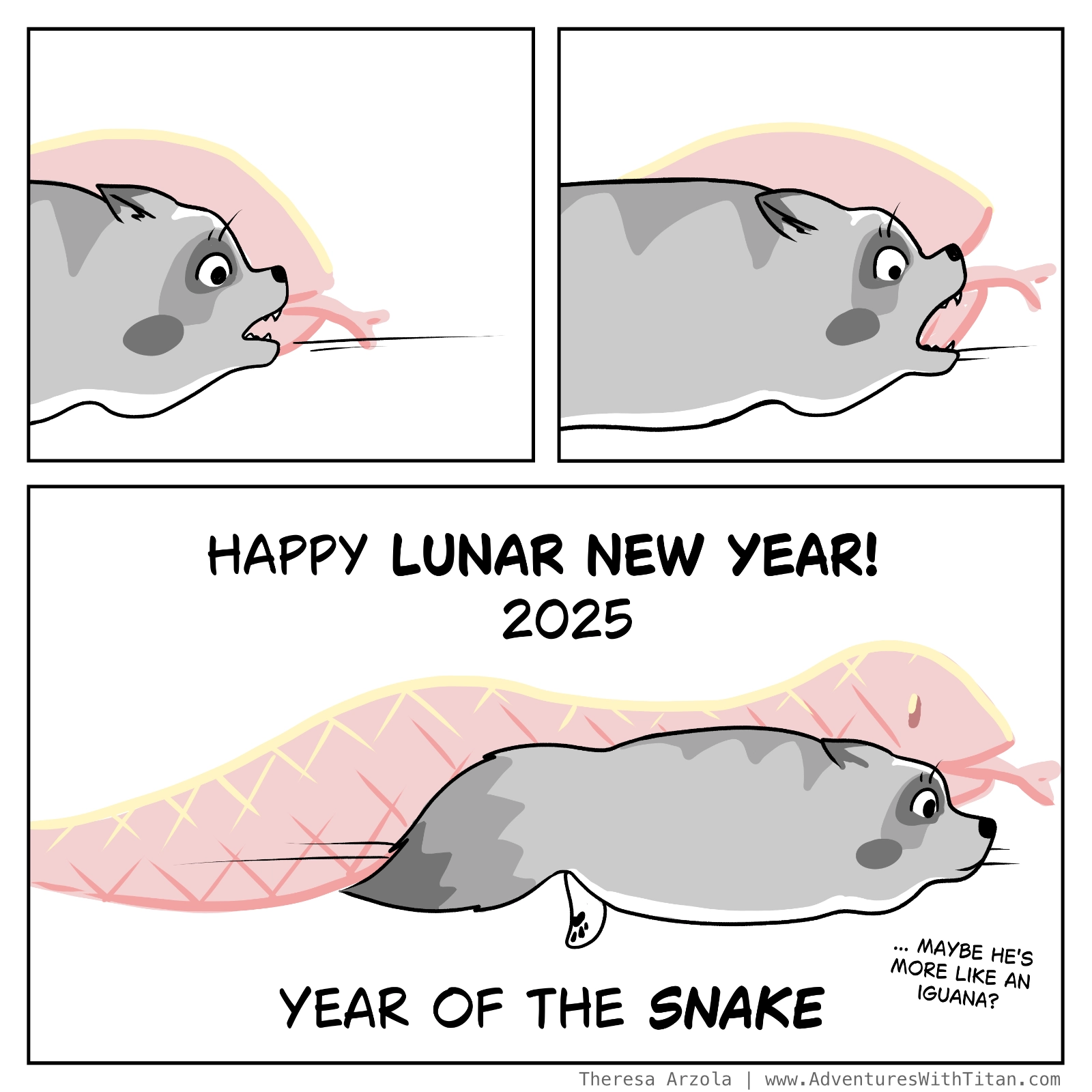 3 panel comic. Titan crawls along the ground chopping at the air. In the 3rd panel, it reads "Happy Lunar New Year. 2025. Year of the Snake."